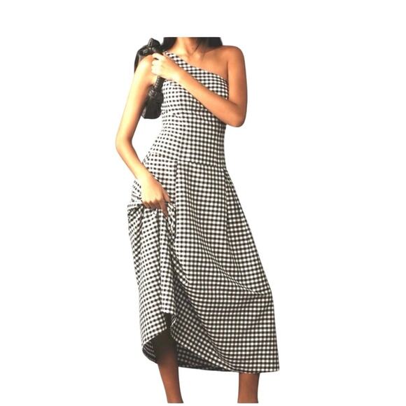 Anthropologie Dresses & Skirts - Anthropologie Womens One Shoulder Gingham Spring Midi Dress Size Small
